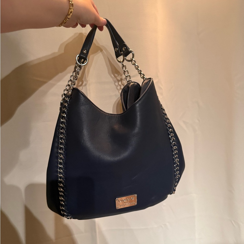 Y2K Navy Blue Leather Bebe Hobo Bag with Chain Straps and Detailing